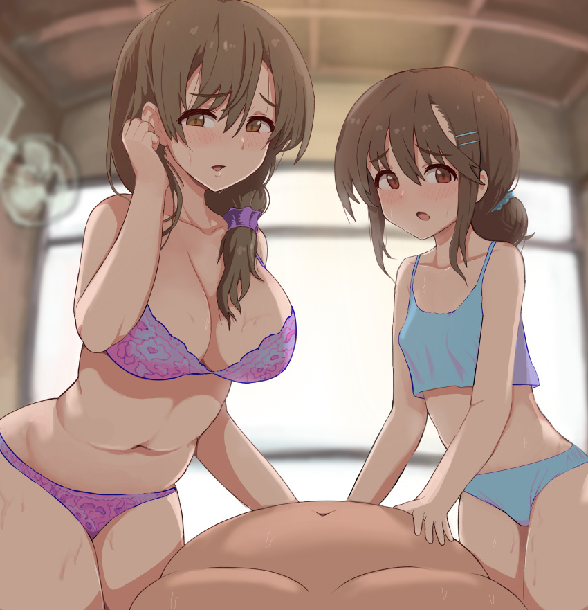 1boy 2girls absurdres bangs bra breasts brown_eyes brown_hair cleavage cowboy_shot day fat fat_man highres indoors large_breasts looking_at_viewer mother_and_daughter multiple_girls navel original oyakodon_(sex) panties pov purple_bra purple_panties side_ponytail small_breasts susu_(ysy) underwear underwear_only worried