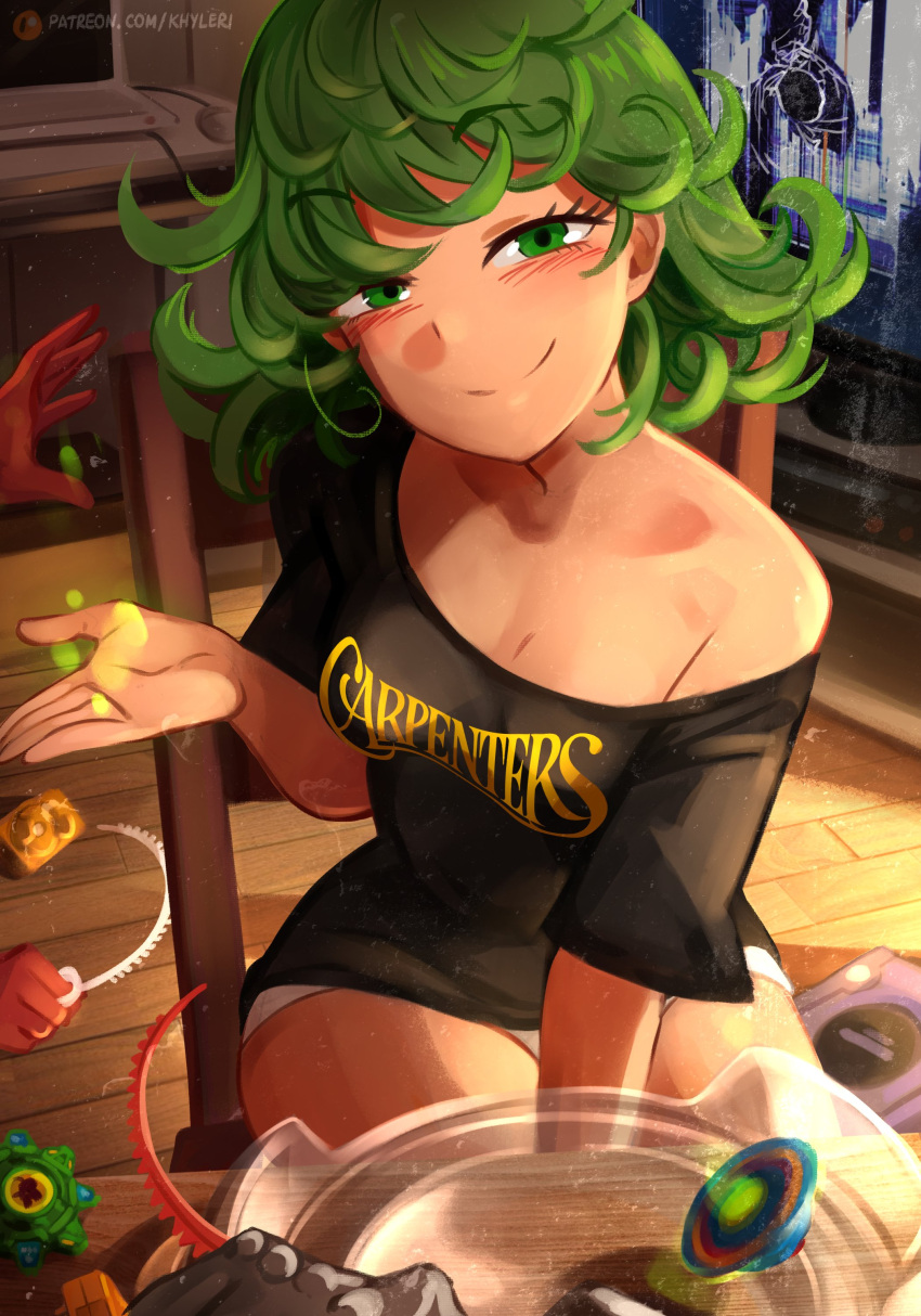 1other absurdres beyblade_(object) black_shirt blush breasts broken cleavage closed_mouth clothes_writing computer computer_mouse curly_hair english_commentary female flipped_hair game_console gamecube green_eyes green_hair hand_up highres indoors khyle. laptop looking_at_viewer medium_breasts medium_hair naughty_face no_bra off-shoulder_shirt off_shoulder one-punch_man open_hand panties panty_peek patreon_username playing_games print_shirt shirt short_hair short_shorts shorts single_bare_shoulder sitting small_breasts smile solo_focus t-shirt table tatsumaki telekinesis television thighs underwear web_address white_shorts