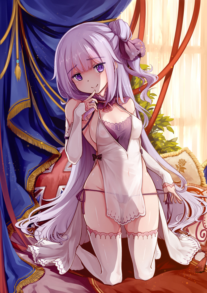 alternate_costume azur_lane bare_shoulders blush breasts chinese_commentary commentary detached_sleeves dress female hair_ornament highres indoors long_hair looking_at_viewer md5_mismatch medium_breasts one_side_up panties photoshop_(medium) purple_eyes purple_hair purple_panties rhineheim solo thighhighs underwear unicorn_(azur_lane) union_jack very_long_hair white_thighhighs