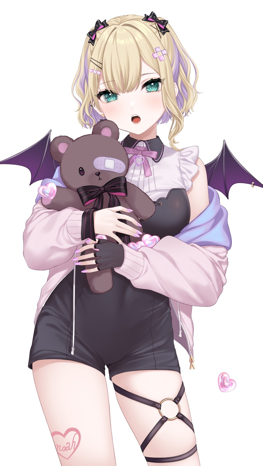 bat_wings blonde_hair contrapposto cowboy_shot female fingerless_gloves gloves green_eyes highres holding holding_stuffed_toy iris_black_games jacket kurumi_noah looking_at_viewer o-ring off_shoulder open_clothes open_jacket open_mouth pomelunch short_hair simple_background single_glove solo stuffed_animal stuffed_toy teddy_bear thighs virtual_youtuber vspo! white_background wings