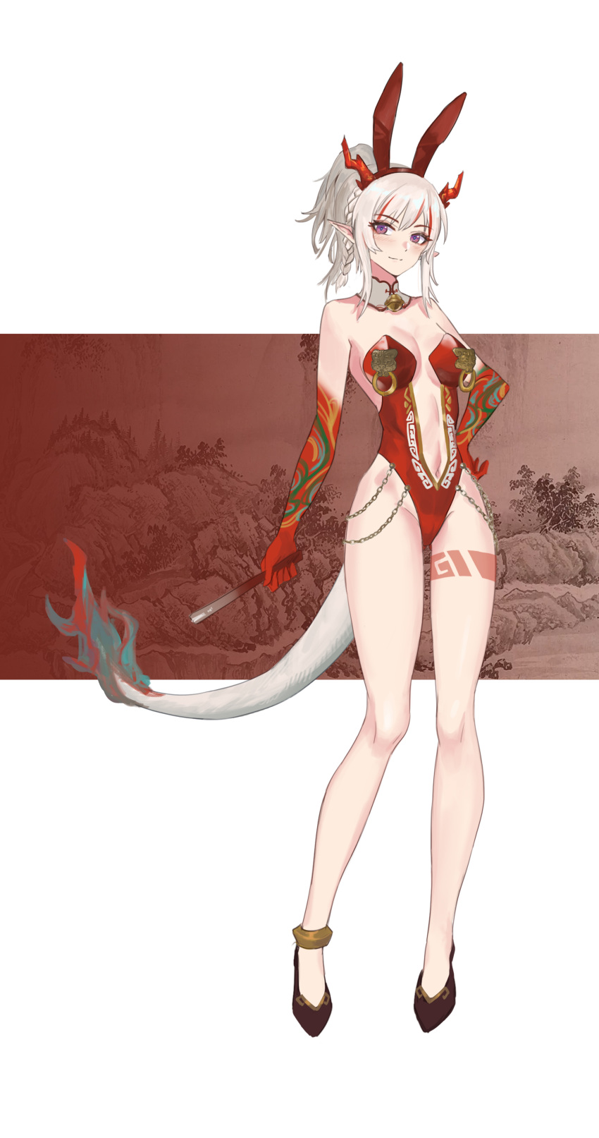 absurdres alternate_costume animal_ears anklet arknights arm_tattoo bare_legs bell braid breasts breasts_apart brown_background brown_footwear center_opening chains chinese_commentary cola-alter collar colored_skin commentary detached_collar dragon_girl dragon_horns dragon_tail fake_animal_ears female flame-tipped_tail full_body groin hand_on_own_hip high_heels highres holding horns jewelry leg_tattoo leotard looking_at_viewer medium_breasts multicolored_hair navel neck_bell nian_(arknights) playboy_bunny pointy_ears ponytail purple_eyes rabbit_ears red_hair red_leotard red_skin simple_background solo streaked_hair tail tattoo two-tone_background white_background white_collar white_hair