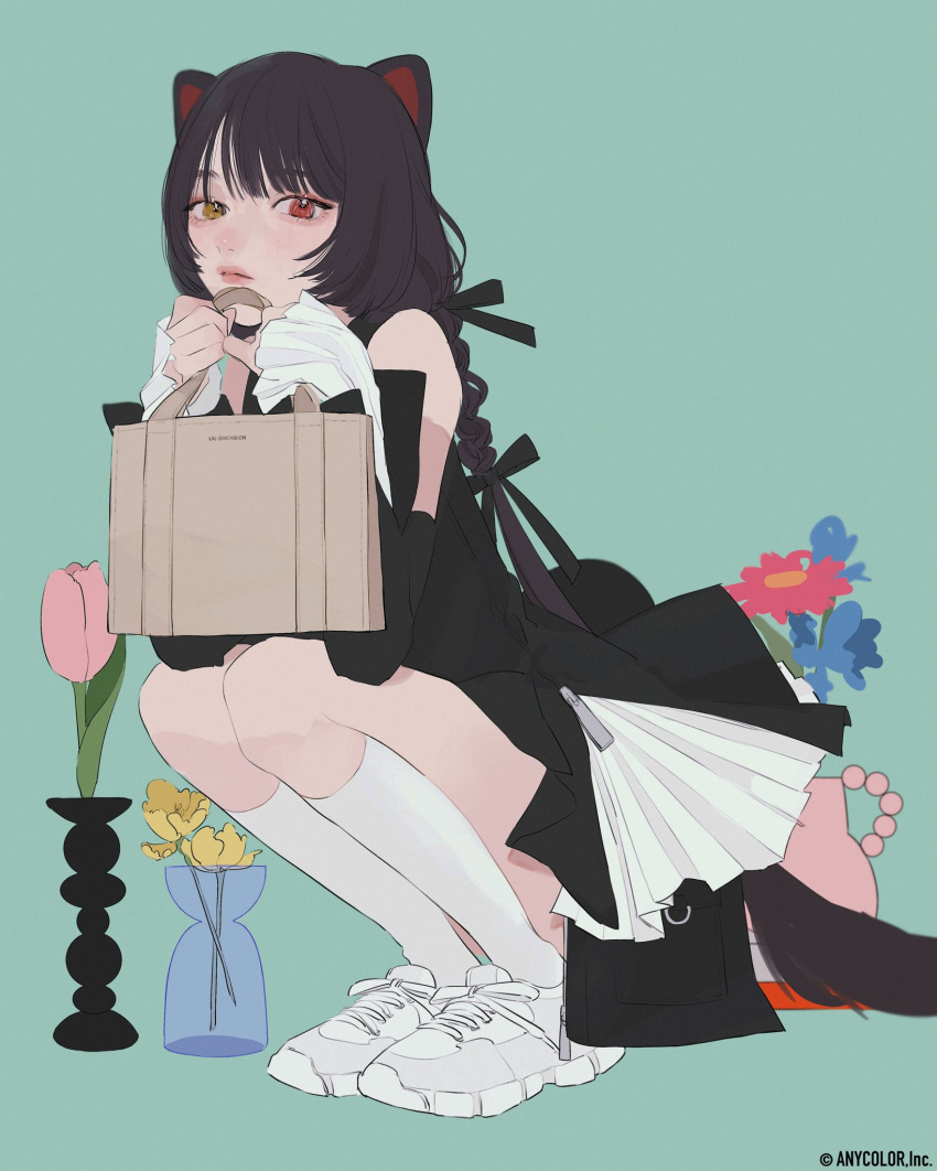 animal_ears bag black_dress black_ribbon braid dog_ears dog_girl dog_tail dress female flower green_background hair_ribbon heterochromia highres holding holding_bag inui_toko long_hair looking_at_viewer nijisanji pink_flower pink_tulip red_eyes ribbon sleeves_past_wrists socks solo squatting tail tami_moon tulip twin_braids vase virtual_youtuber white_footwear white_socks yellow_eyes yellow_flower