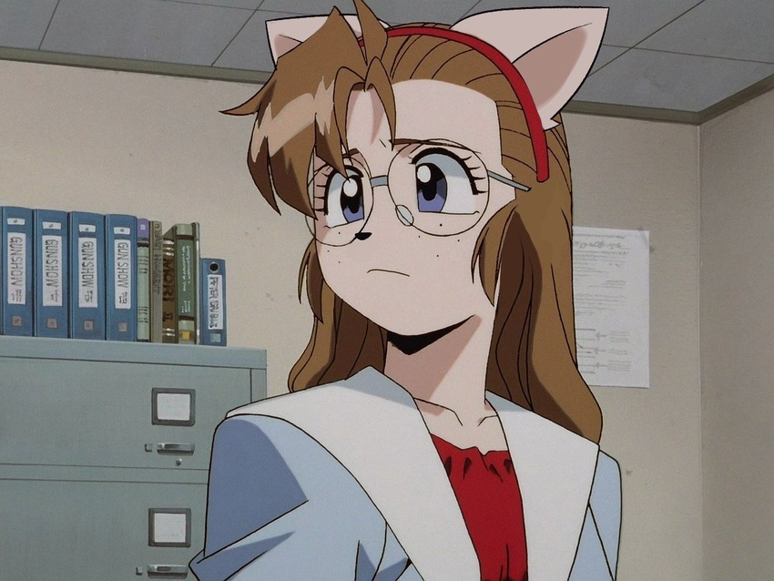 2023 4:3 accessory alternate_species anthro becky_farrah blue_eyes domestic_cat eyewear felid feline felis female furrification glasses gunsmith_cats headband mammal missmccloud screencap screencap_edit solo third-party_edit