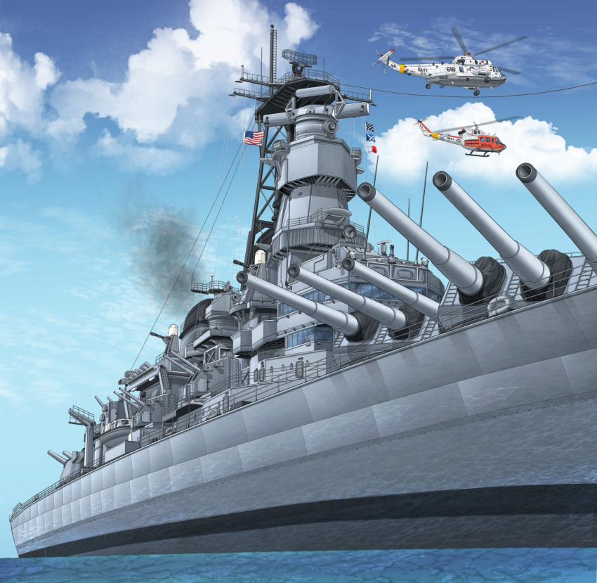 absurdres aircraft american_flag battleship blue_sky cloud cloudy_sky day helicopter highres mikeran_(mikelan) military military_vehicle motion_blur no_humans ocean original outdoors phalanx_ciws ship signal_flag sikorsky_sh-3_sea_king sky smoke uh-1_iroquois united_states_navy uss_iowa_(bb-61) vehicle_focus warship watercraft