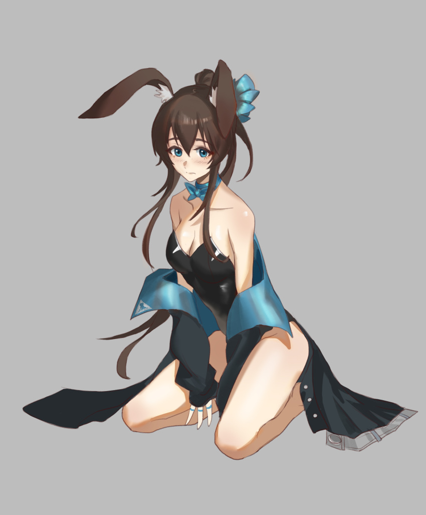 absurdres amiya_(arknights) animal_ear_fluff animal_ears arknights bare_legs bare_shoulders between_legs black_leotard blue_bow blue_bowtie blue_choker blue_eyes blush bow bowtie breasts brown_hair choker cleavage closed_mouth cola-alter collarbone female full_body grey_background hair_between_eyes hand_between_legs high_ponytail highres kneeling leotard long_hair medium_breasts rabbit_ears shiny_skin sidelocks solo strapless strapless_leotard very_long_hair