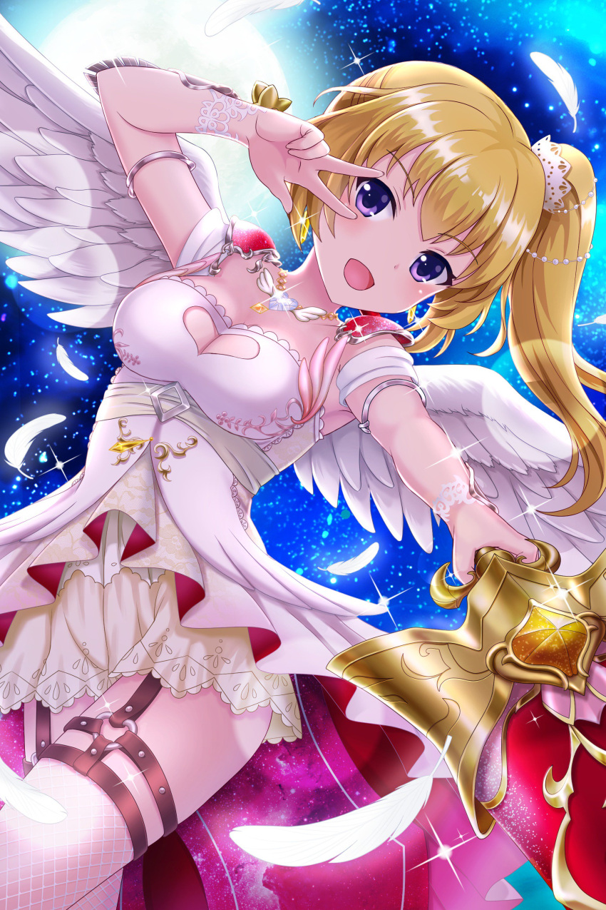 absurdres alternative_girls angel_wings armlet blonde_hair blush breasts cleavage dress female full_moon heart heart_necklace highres holding holding_weapon jewelry long_hair looking_at_viewer mizushima_airi moon necklace night night_sky official_art open_mouth purple_eyes side_ponytail sky smile solo v weapon white_dress wings