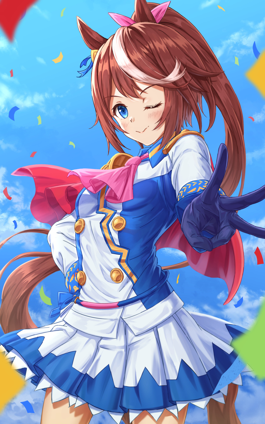 absurdres animal_ears blue_eyes blue_gloves breasts brown_hair confetti epaulettes female gloves hair_ribbon high_ponytail highres horse_ears horse_girl horse_tail long_hair looking_at_viewer middle_w multicolored_hair neckerchief nonoa-cg one_eye_closed outdoors pink_neckerchief pink_ribbon ribbon sky small_breasts smile solo standing streaked_hair tail tokai_teio_(umamusume) two-tone_hair umamusume uniform very_long_hair w white_hair