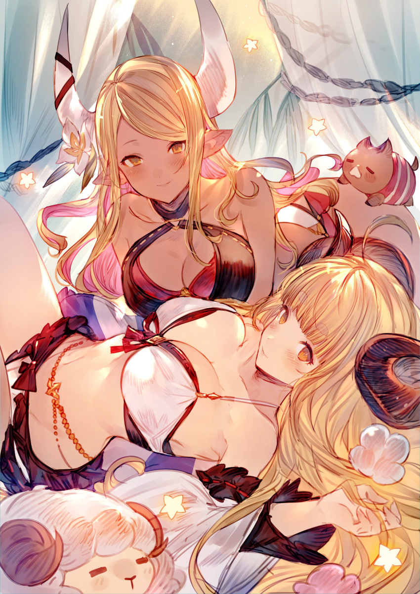 2girls absurdres ahoge anila_(granblue_fantasy) anila_(summer)_(granblue_fantasy) bikini blonde_hair breasts brown_eyes draph granblue_fantasy highres horns kumbhira_(granblue_fantasy) kumbhira_(summer)_(granblue_fantasy) large_breasts long_hair lying mayutsuba_mono multiple_girls official_alternate_costume on_back piglet pointy_ears sheep smile swimsuit