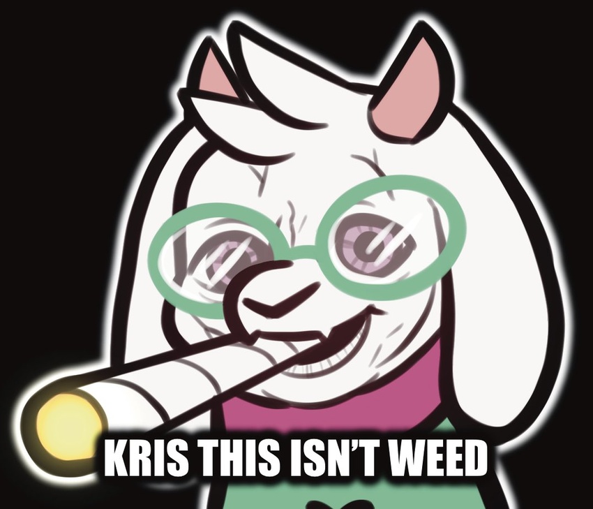 2021 ambiguous_gender anthro bovid bust_portrait caprine clothed clothing conditional_dnp deltarune dialogue drugs english_text eyewear fur glasses goat horn impact_(font) mammal mario_smoking_weed portrait ralsei ralsei_smoking_blunt smoking solo text thehenwithatie undertale_(series) white_body white_fur