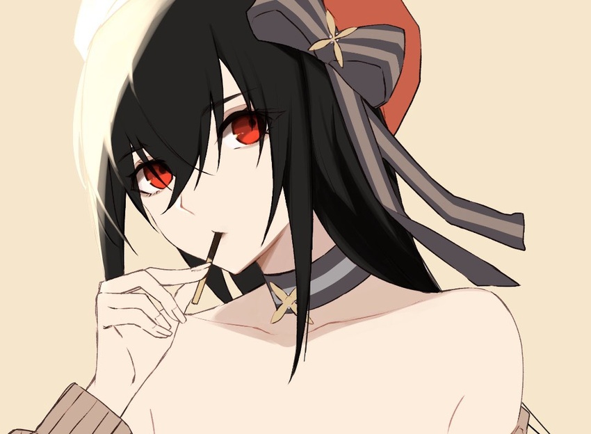 azur_lane bad_id bad_twitter_id bare_shoulders beige_background belfast_(azur_lane) belfast_(azur_lane)_(cosplay) belfast_(shopping_with_the_head_maid)_(azur_lane) beret black_hair breasts brown_sweater choker cleavage collarbone cosplay crossed_bangs eating female food hair_between_eyes hat hat_ribbon holding holding_food long_hair looking_at_viewer off-shoulder_sweater off_shoulder pocky red_eyes ribbon rrr_ato simple_background solo sweater taihou_(azur_lane) upper_body