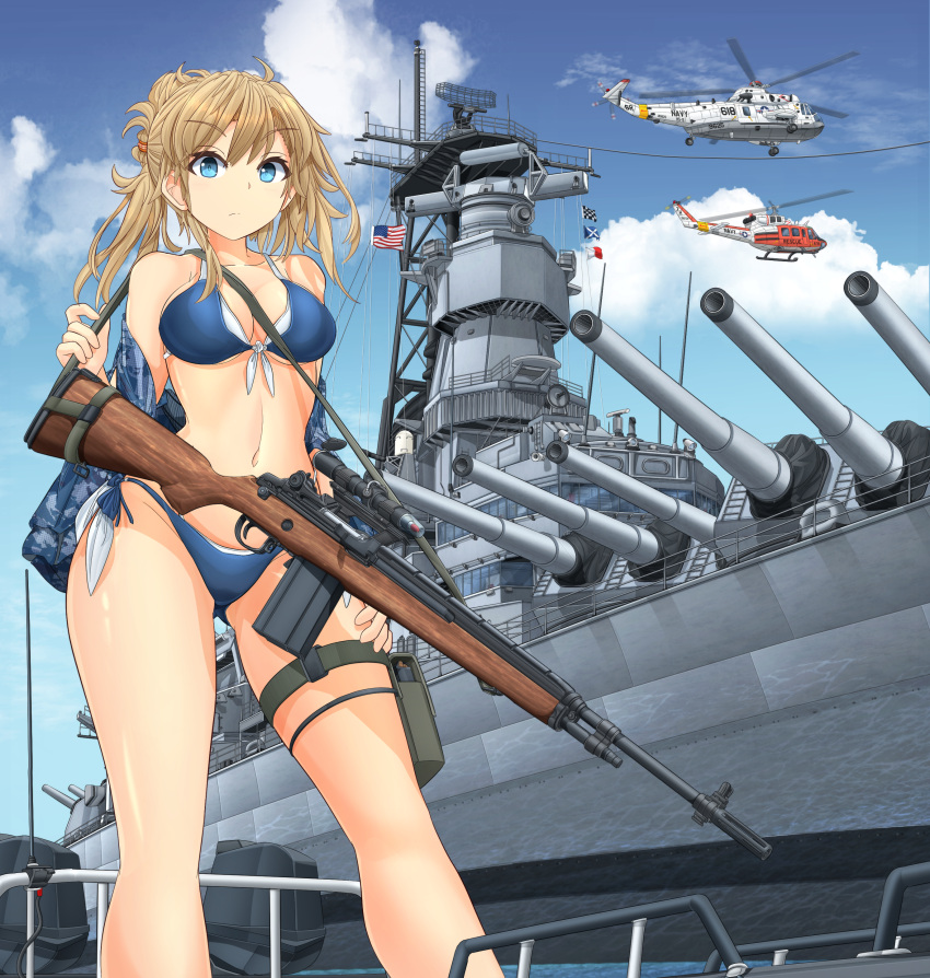 absurdres aircraft american_flag battle_rifle battleship bikini blonde_hair blue_bikini blue_eyes blue_jacket blue_sky breasts camouflage camouflage_jacket carrying closed_mouth cloud cloudy_sky day female folded_ponytail front-tie_bikini_top front-tie_top gun gun_sling hand_on_own_thigh helicopter highres jacket light_frown m14 medium_breasts medium_hair mikeran_(mikelan) military military_vehicle motion_blur multi-strapped_bikini navel ocean off_shoulder open_clothes open_jacket original outdoors phalanx_ciws pouch rifle scope ship side-tie_bikini_bottom signal_flag sikorsky_sh-3_sea_king sky smoke solo swimsuit thigh_pouch thigh_strap uh-1_iroquois united_states_navy uss_iowa_(bb-61) warship watercraft weapon