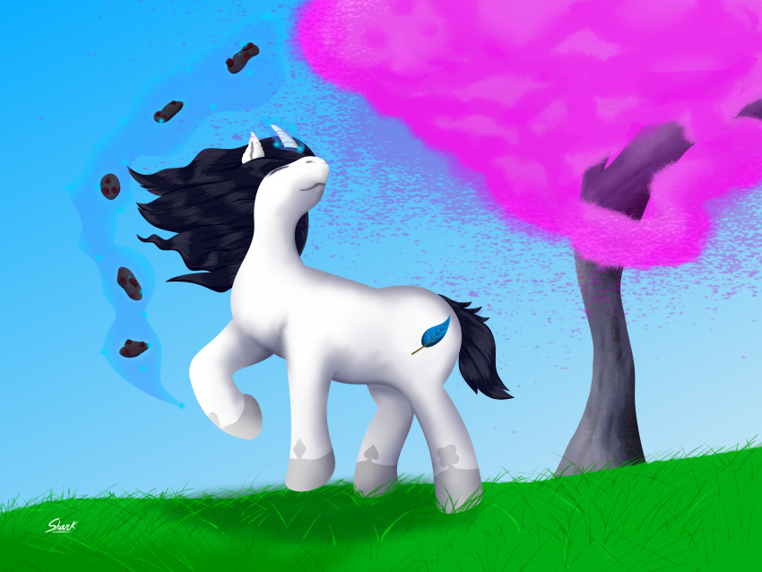 4:3 4_toes absurd_res black_hair bodypaint candy chocolate closed_eyes cookie cutie_mark dessert equid equine feet female feral food friendship_is_magic grass hair happy hasbro hi_res horn magic mammal my_little_pony mythological_creature mythological_equine mythology plant sakura_(disambiguation) sakura_nanami_(oc) sharkarts smile solo toes unicorn white_body