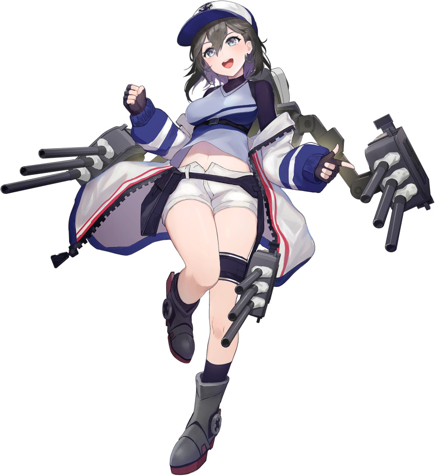 belt black_gloves black_hair black_socks blue_eyes blue_oath breasts clenched_hand female fingerless_gloves full_body gloves hair_between_eyes hat highres jacket kneehighs leg_up long_sleeves midriff navel off_shoulder official_art oooomiga open_mouth pouch rigging short_hair shorts socks solo thigh_strap transparent_background tuscaloosa_(blue_oath) white_shorts