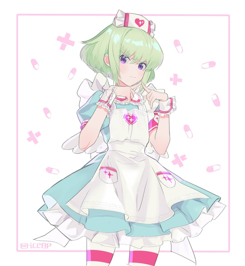 1boy blush commentary_request cosplay crossdressing dress frills green_hair hat highres lio_fotia looking_at_viewer male_focus nurse nurse_cap otoko_no_ko pantyhose promare purple_eyes rice_(rice8p) short_hair short_sleeves solo striped_clothes striped_pantyhose yumemi_riamu