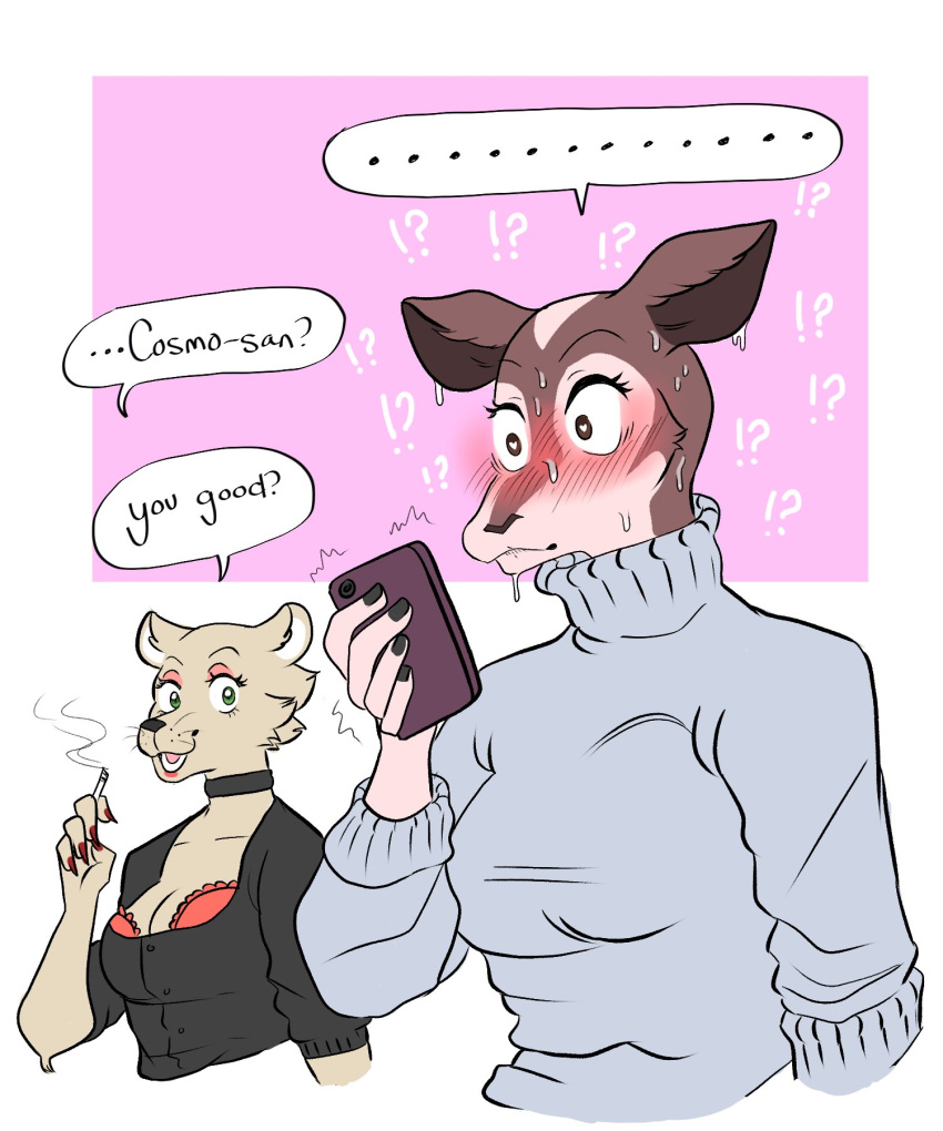 2021 5:6 ?! anthro beastars blush bodily_fluids cellphone clothing cosmo_(beastars) dialogue duo electronics english_text felid female giraffid green_eyes hi_res holding_object holding_phone lion mammal mature_female mutedlavender okapi pantherine phone sweat sweater text topwear turtleneck