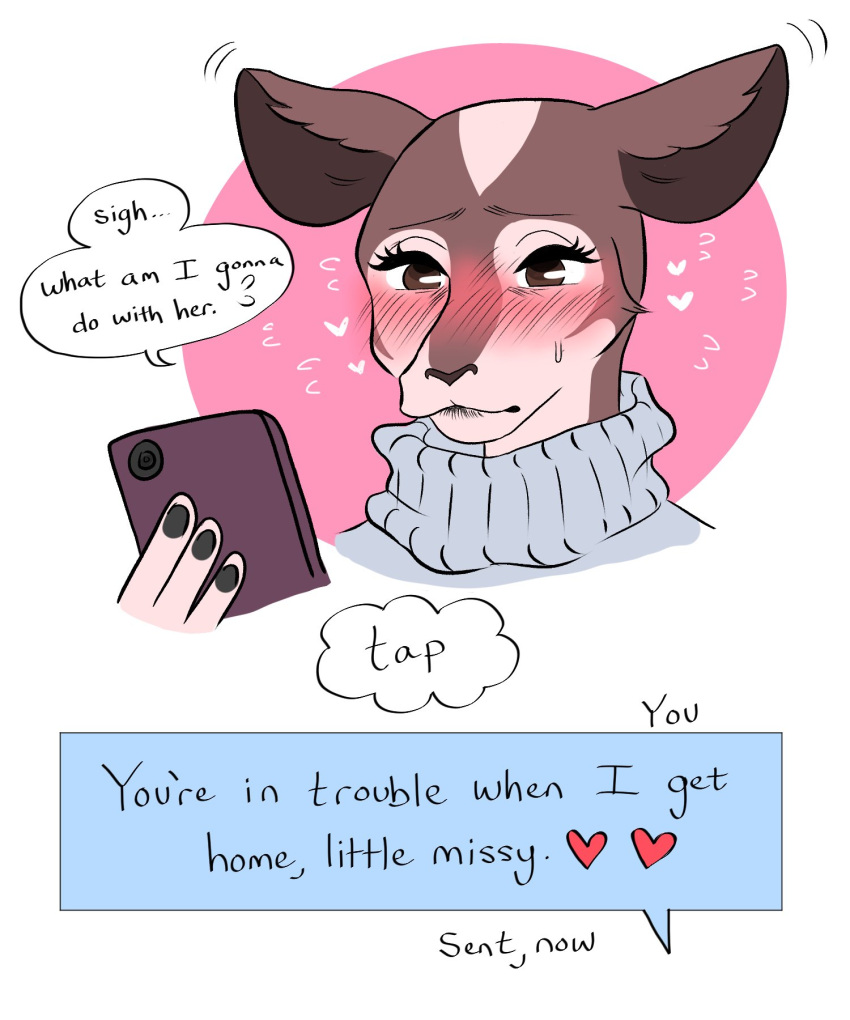 2021 5:6 anthro beastars blush bodily_fluids cellphone clothing cosmo_(beastars) dialogue electronics english_text female giraffid hi_res holding_object holding_phone mammal mature_female mutedlavender okapi phone solo sweat sweater text topwear turtleneck