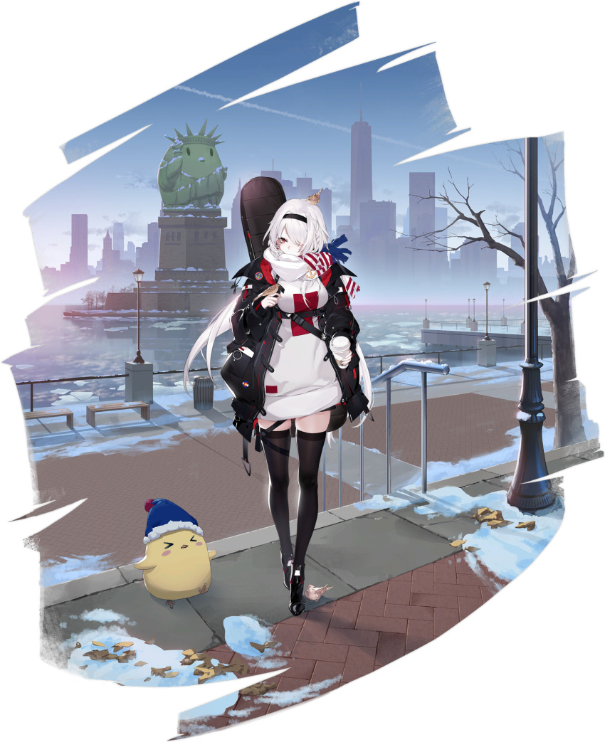 azur_lane bird black_footwear black_jacket black_thighhighs chuzenji coffee colorado_(azur_lane) colorado_(traveling_melody)_(azur_lane) cup female full_body hair_ornament hairband highres holding holding_cup instrument jacket long_hair looking_at_viewer manjuu_(azur_lane) official_alternate_costume official_art one_eye_covered outdoors red_eyes scarf snow standing thighhighs transparent_background white_hair