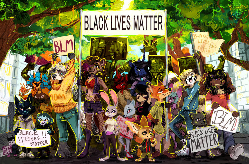 ailurid ambiguous_gender banner black_lives_matter boots canid canine canis clothing cricetid digital_media_(artwork) digital_painting_(artwork) disney domestic_cat domestic_dog equid equine eyewear felid feline felis female fennec_fox finnick_(zootopia) fishnet_clothing footwear fox gloves group hamster handwear haplorhine helena_(bonk6) hoodie horn horse hyena isaspsp jacket judy_hopps lagomorph leporid light lol_comments male mammal marching monkey mythological_creature mythological_equine mythology necktie nick_wilde pangolin plant politics primate rabbit red_fox red_panda rodent sea_creature shoes spotted_hyena sprite sunglasses sunlight sweater topwear tree true_fox unicorn zootopia