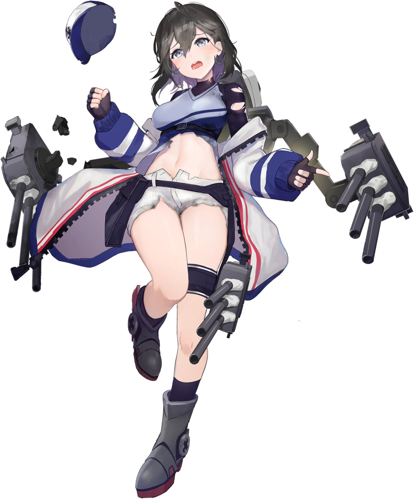 belt black_gloves black_hair black_socks blue_eyes blue_oath breasts clenched_hand damaged female fingerless_gloves gloves hair_between_eyes hat highres jacket kneehighs leg_up long_sleeves midriff navel off_shoulder official_art oooomiga open_mouth pouch rigging short_hair shorts socks solo tears thigh_strap torn_clothes transparent_background tuscaloosa_(blue_oath) unworn_hat unworn_headwear white_shorts