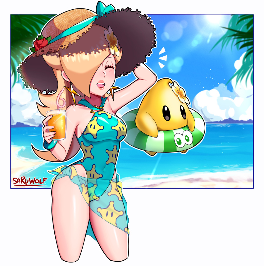 1other ;d absurdres arm_up blonde_hair blue_sky breasts casual_one-piece_swimsuit closed_eyes cloud commentary covered_navel cropped_legs cup day drinking_straw earrings english_commentary female flower green_one-piece_swimsuit hair_flower hair_ornament hair_over_one_eye hat highres holding holding_cup jewelry lens_flare long_hair luma_(mario) mario_(series) mario_kart mario_kart_tour marumaru_(mario) medium_breasts notice_lines ocean official_alternate_costume one-piece_swimsuit one_eye_closed open_mouth outdoors print_sarong print_swimsuit rosalina rosalina_(swimwear) sarong sarukaiwolf sky smile standing star_(symbol) star_earrings star_print straw_hat sun sun_hat swimsuit teeth upper_teeth_only