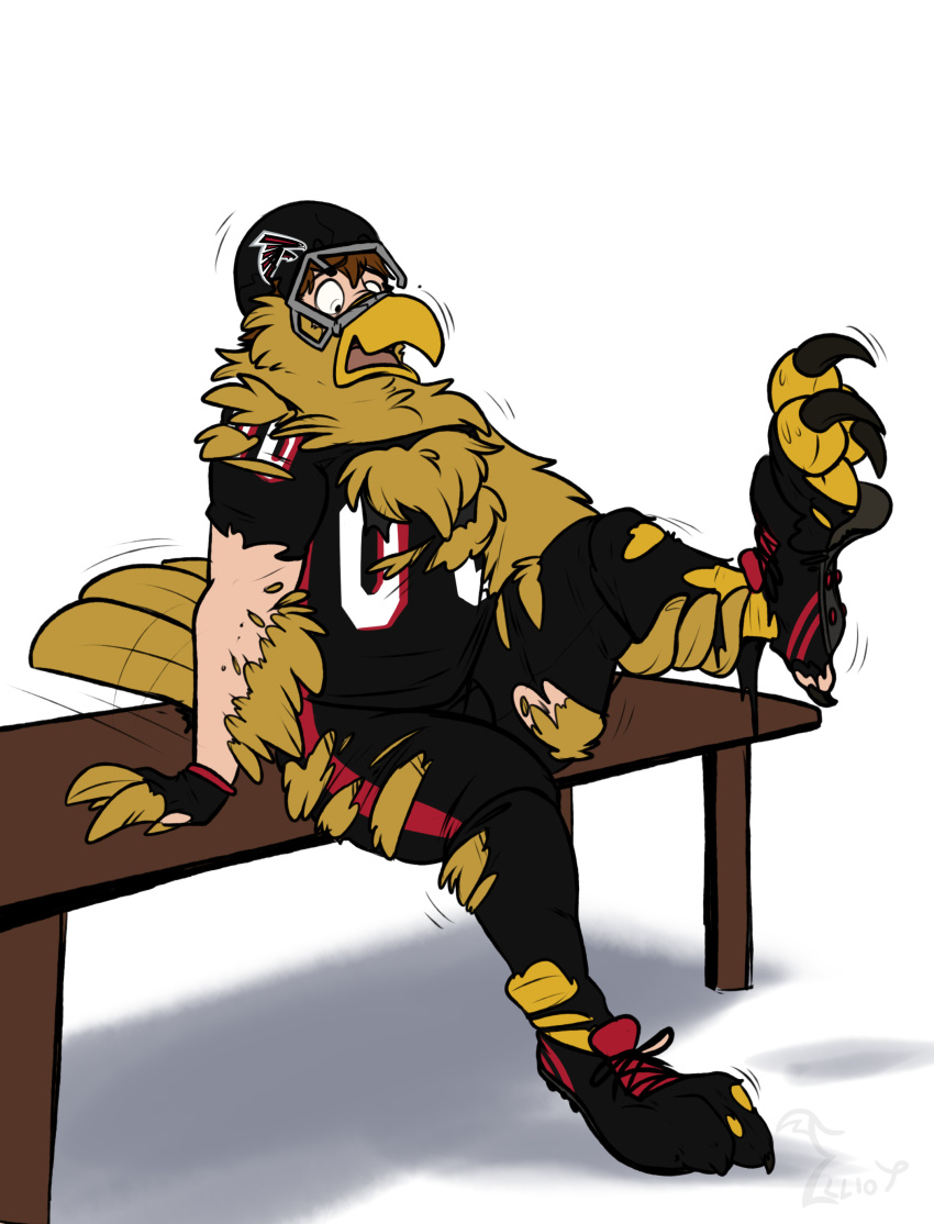 2023 absurd_res american_football_uniform anthro armor atlanta_falcons avian bench binturongboss bird bottomwear broken_helmet cleats clothing feathers feet fingerless_gloves football_gear football_helmet football_jersey football_pants football_player footwear freddie_falcon gloves growth handwear headgear helmet hi_res human_to_anthro jersey male mascot nfl pants pheagle simple_background sitting socks solo species_transformation tail tail_growth talons toes torn_clothing transformation white_background yellow_body yellow_feathers