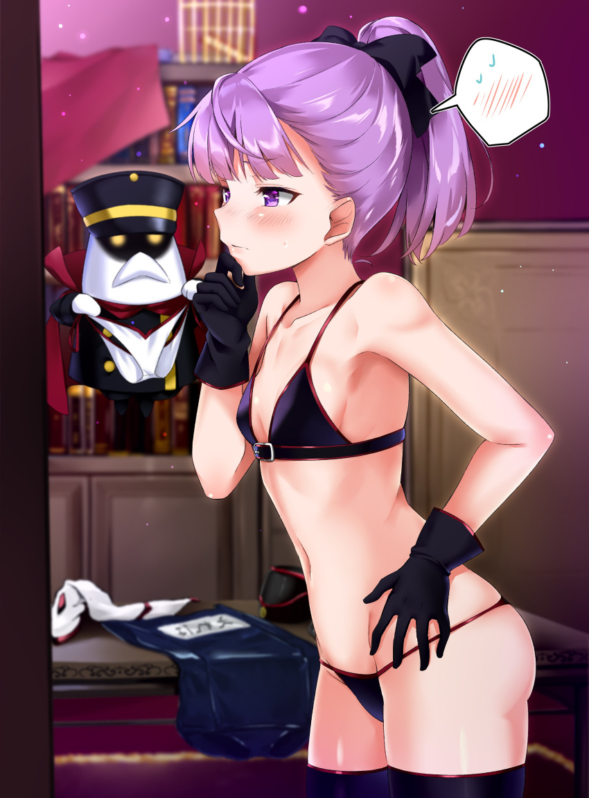 absurdres automaton_(object) bad_id bad_twitter_id bare_shoulders bikini blurry blurry_background blush book bow breasts collarbone colonel_olcott_(fate) commentary fate/grand_order fate_(series) female garrison_cap gloves hairbow hat helena_blavatsky_(fate) helena_blavatsky_(swimsuit_archer)_(fate) helena_blavatsky_(swimsuit_archer)_(third_ascension)_(fate) highres name_tag navel nishimi_shin ponytail purple_eyes purple_gloves purple_hair school_swimsuit small_breasts solo spoken_blush spoken_sweatdrop strap_gap sweatdrop swimsuit thighhighs