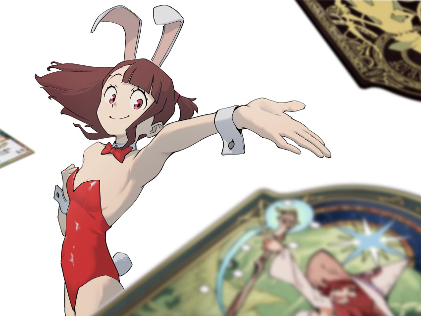 animal_ears armpits asymmetrical_bangs bare_shoulders blunt_bangs blurry bow bowtie breasts brown_hair closed_mouth cowboy_shot depth_of_field detached_collar fake_animal_ears fake_tail female flipped_hair hair_tie hand_up hat highres kagari_atsuko leotard little_witch_academia long_hair long_sleeves looking_at_viewer medium_hair one_side_up outstretched_arm playboy_bunny psylduck rabbit_ears rabbit_tail red_bow red_bowtie red_eyes red_hair red_leotard shiny_chariot shiny_rod_(little_witch_academia) shirt simple_background single_sidelock small_breasts smile solo standing star_(symbol) straight_hair strapless strapless_leotard tail tareme throwing trading_card white_background white_shirt wide_sleeves witch_hat wrist_cuffs