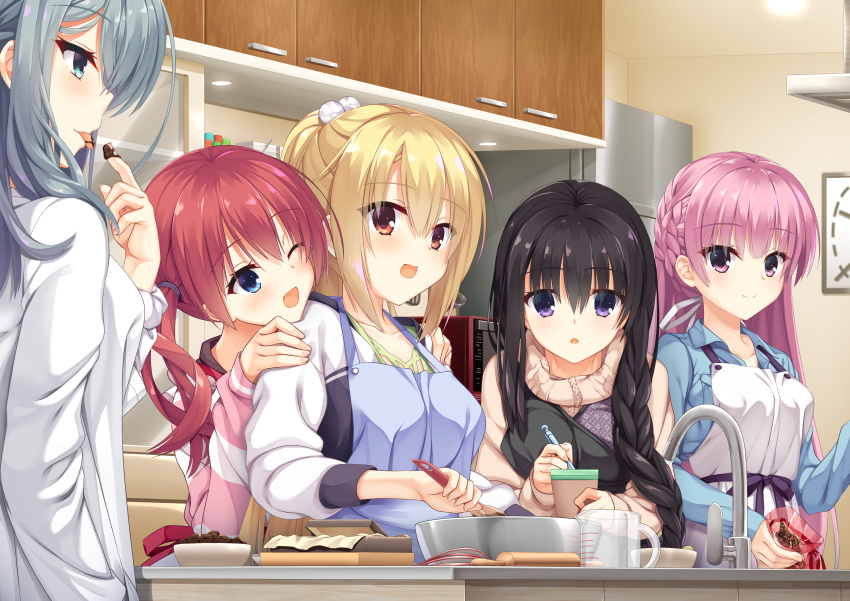 5girls 8kumagawa_(log) :d ;d absurdres apron aqua_eyes arihara_nanami bad_id bad_pixiv_id black_hair blonde_hair blue_apron blue_eyes blue_hair blue_jacket blush braid breasts brown_sweater cabinet chocolate chocolate_on_hand chocolate_on_tongue closed_mouth crepe eating eyebrows_hidden_by_hair fingernails food food_on_hand fringe_trim grey_hair hair_between_eyes hair_over_shoulder hands_on_shoulders highres indoors jacket kitchen lab_coat large_breasts long_braid long_hair long_sleeves looking_at_another looking_at_viewer looking_to_the_side measuring_cup medium_breasts mibu_chisaki microwave mitsukasa_ayase mixing_bowl multiple_girls nijouin_hazuki one_eye_closed open_clothes open_mouth pen pink_eyes pink_hair pink_jacket profile purple_eyes red_eyes red_hair riddle_joker rolling_pin shikibe_mayu short_twintails side_braid side_ponytail sidelocks sink sleeves_past_wrists smile striped_clothes striped_jacket sweater sweets taking_notes tongue tongue_out twintails very_long_hair wavy_hair whisk white_jacket writing