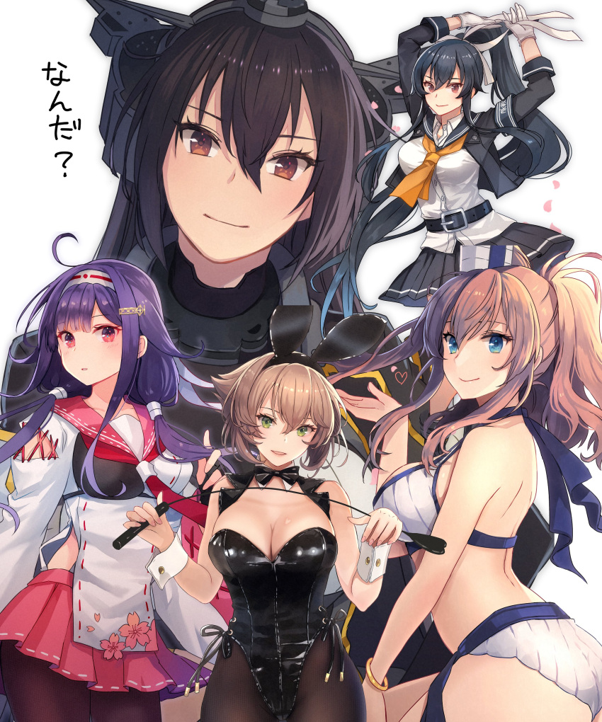 5girls absurdres adapted_costume ahoge animal_ears belt belt_buckle bikini black_belt black_gloves black_hair black_jacket black_leotard black_pantyhose black_sailor_collar black_skirt blue_eyes blush bracelet breasts brown_eyes brown_hair buckle buttons cleavage closed_mouth collage collarbone commentary_request cowboy_shot detached_collar elbow_gloves fake_animal_ears fingerless_gloves full_body gloves green_eyes grey_background hair_between_eyes hair_flaps hand_on_own_hip head_tilt headgear heart highres holding holding_riding_crop jacket japanese_clothes jewelry kantai_collection kasumi_(skchkko) kikumon large_breasts leotard long_hair long_sleeves looking_at_viewer low_twintails midriff multiple_girls mutsu_(kancolle) nagato_(kancolle) nagato_kai_ni_(kancolle) neckerchief open_mouth orange_neckerchief pantyhose petals pink_skirt playboy_bunny pleated_skirt ponytail purple_hair rabbit_ears red_eyes riding_crop rudder_footwear ryuuhou_(kancolle) ryuuhou_kai_ni_(kancolle) sailor_collar saratoga_(kancolle) shiny_clothes short_hair side_ponytail simple_background skirt smile swimsuit taigei_(kancolle) translated twintails upper_body very_long_hair white_background white_bikini white_gloves wide_sleeves wrist_cuffs yahagi_(kancolle) yahagi_kai_ni_(kancolle)