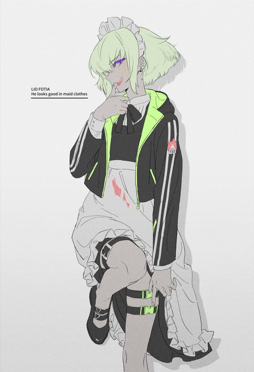 1boy black_jacket blood commentary_request crossdressing frills green_hair highres jacket lio_fotia looking_at_viewer maid maid_headdress male_focus otoko_no_ko promare purple_eyes rice_(rice8p) short_hair solo