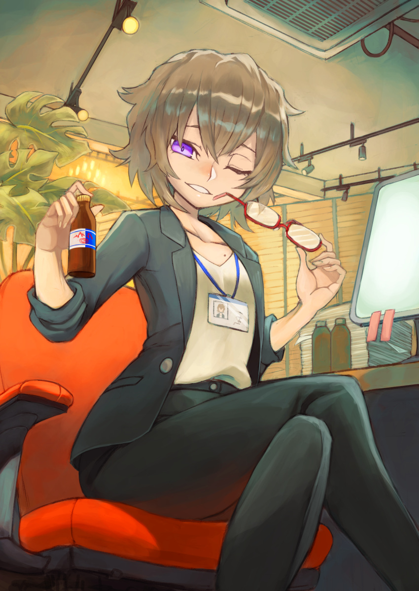 absurdres black_jacket black_pants bokukko_sukii bottle brown_hair ceiling ceiling_light chair commentary crossed_legs energy_drink feet_out_of_frame female formal from_below glasses highres holding holding_bottle holding_removed_eyewear id_card indoors jacket lanyard looking_at_viewer messy_hair monitor office office_chair office_lady one_eye_closed open_clothes open_jacket original pant_suit pants paper paper_stack parted_lips philodendron plant purple_eyes red-framed_eyewear semi-rimless_eyewear short_hair sitting solo sticky_note suit swivel_chair track_lighting under-rim_eyewear unworn_eyewear