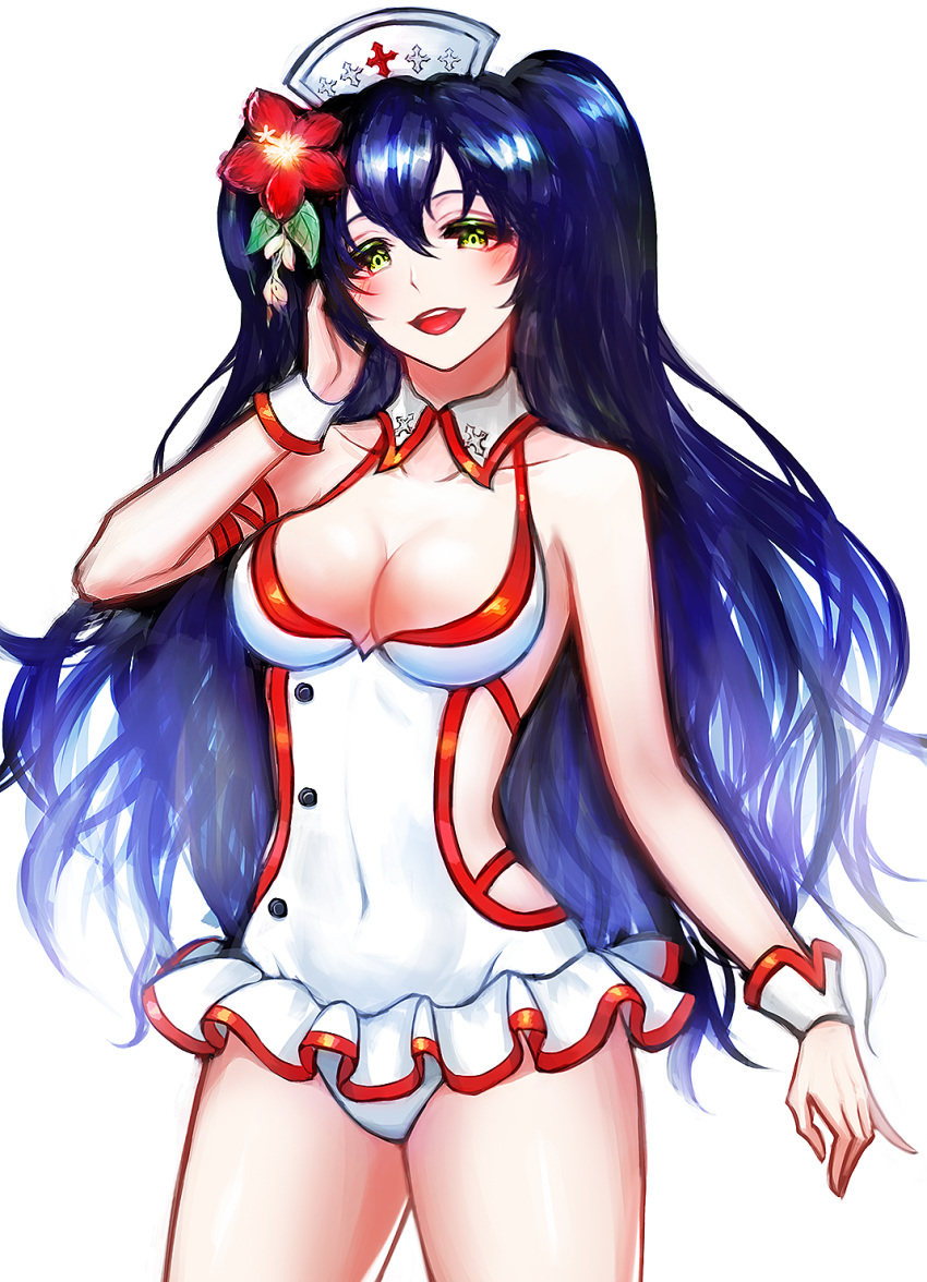 :d akan817 bad_id bad_pixiv_id bare_arms bare_shoulders blue_hair breasts cleavage collarbone cowboy_shot detached_collar female flower green_eyes hair_between_eyes hair_flower hair_ornament hand_on_own_cheek hand_on_own_face hat highres king's_raid long_hair looking_at_viewer mediana medium_breasts nurse_cap one-piece_swimsuit open_mouth red_flower sideless_outfit simple_background smile solo standing swimsuit two_side_up very_long_hair white_background white_one-piece_swimsuit wrist_cuffs