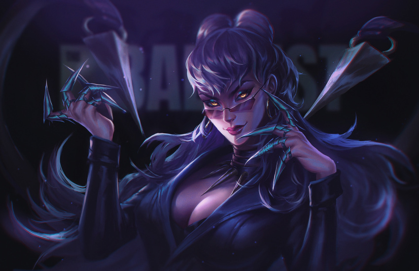 asymmetrical_bangs black_choker black_suit breasts center_opening choker claw_(weapon) claws cleavage cone_hair_bun dark dark_background demon demon_girl earrings evelynn_(league_of_legends) evil_smile eyeshadow female floating_hair formal glowing glowing_eyes gold_earrings hair_bun highres jewelry k/da_(league_of_legends) large_breasts league_of_legends long_hair looking_at_viewer makeup necklace pink_lips purple-tinted_eyewear purple_eyeshadow rimless_eyewear shirt slit_pupils smile solo suit the_baddest_evelynn tinted_eyewear tooth_necklace weapon white_hair white_shirt yellow_eyes zoe_(crownsforkings)