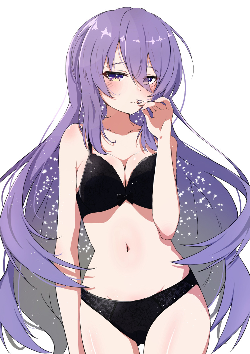 absurdres black_bra black_panties blonde_hair bra breasts female gradient_hair highres hololive hololive_indonesia large_breasts long_hair midoku_(itijikusakura) moona_hoshinova multicolored_hair navel panties purple_eyes purple_hair purple_nails solo star_(symbol) starry_hair underwear underwear_only virtual_youtuber white_background