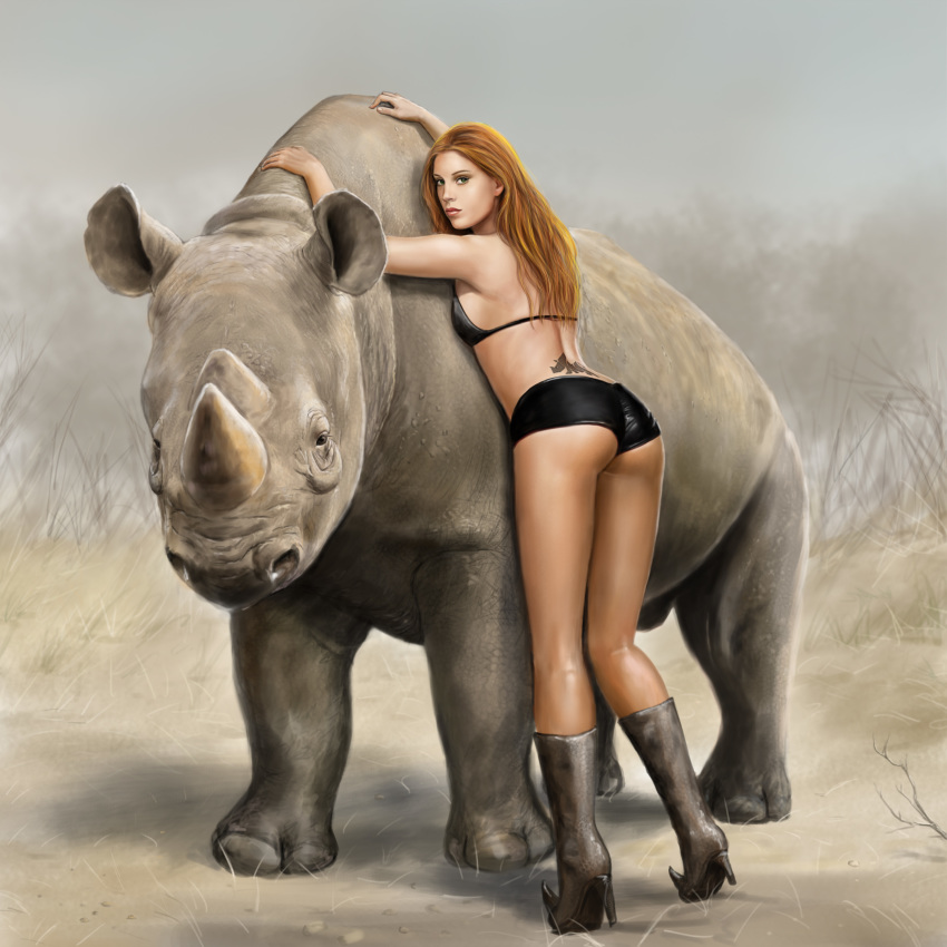 1:1 absurd_res ass barely_visible_genitalia black_clothing boots breasts brown_hair clothing dashinvaine duo female feral footwear genitals hair hi_res high_heeled_boots high_heels horn human looking_at_viewer male mammal pinup pose rhinoceros tattoo tramp_stamp