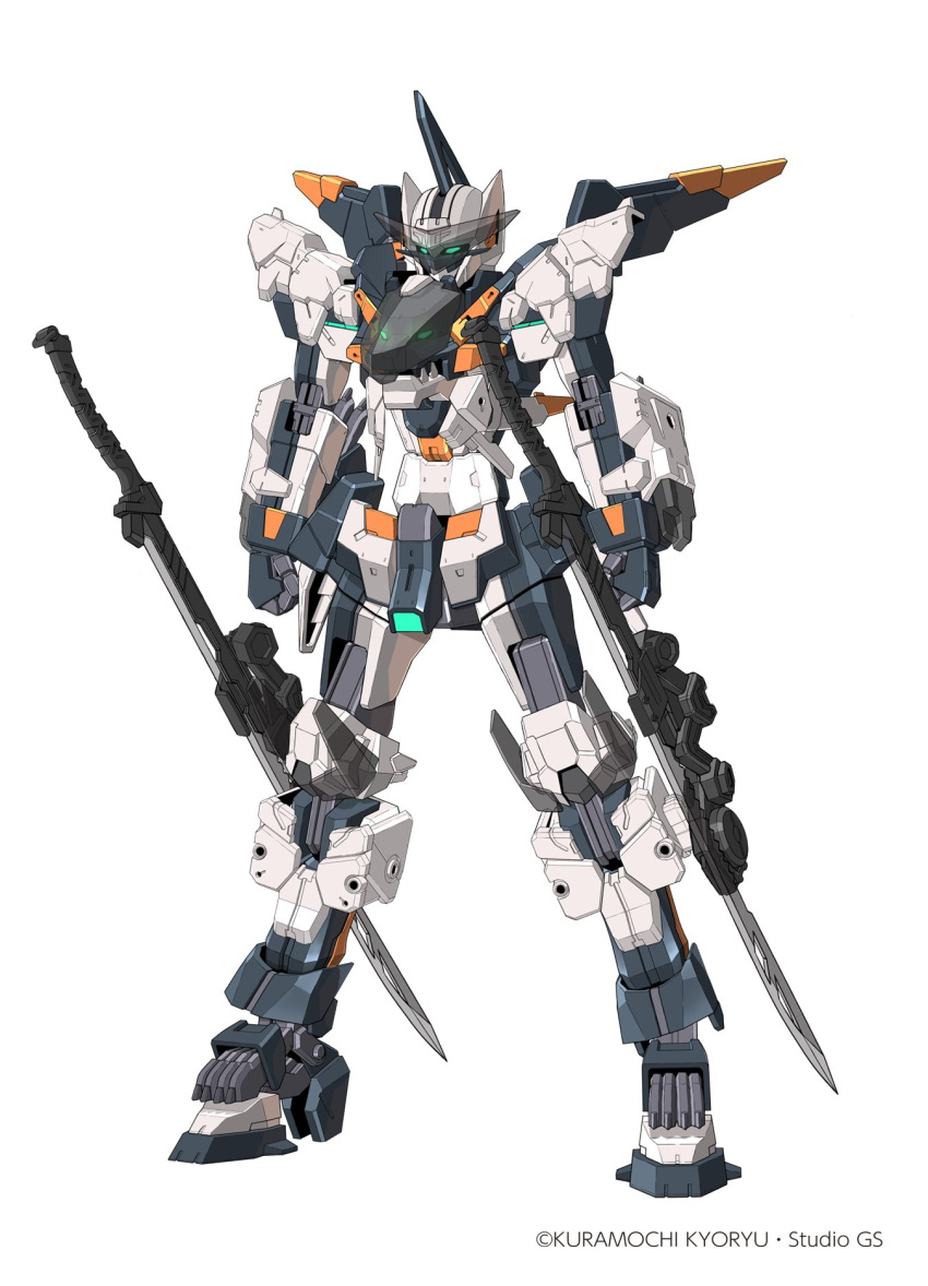 artist_name blue_eyes clenched_hands code_beast highres hundred_edge_alma kuramochi_kyouryuu looking_ahead mecha no_humans official_art robot science_fiction solo standing v-fin white_background