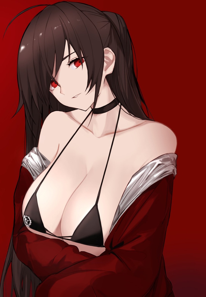 ahoge azur_lane bad_id bad_twitter_id bare_shoulders bikini black_bikini black_choker breasts brown_hair choker cleavage collarbone crossed_arms female hair_between_eyes halterneck head_tilt highres jacket large_breasts long_hair looking_at_viewer off_shoulder official_alternate_costume one_side_up parted_lips race_queen red_background red_eyes red_jacket rrr_ato simple_background solo swimsuit taihou_(azur_lane) taihou_(enraptured_companion)_(azur_lane)