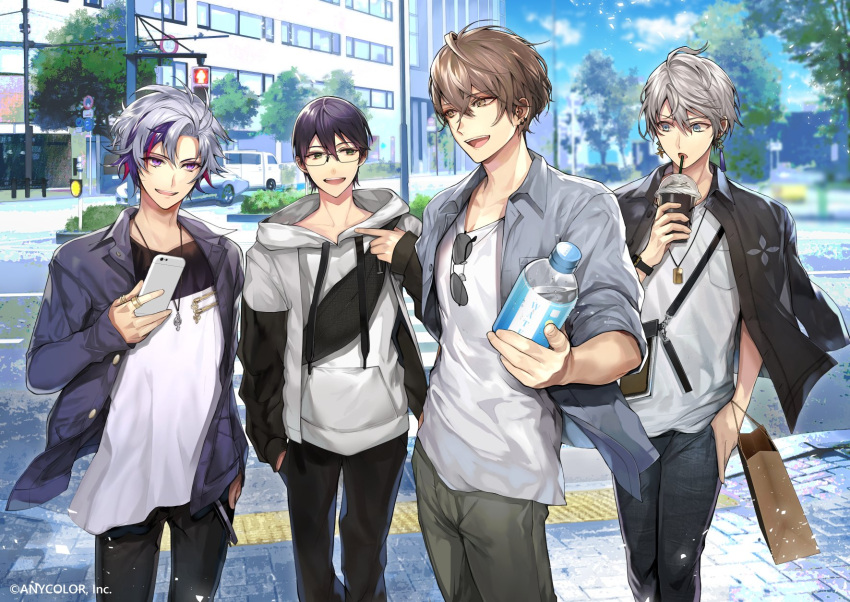 4boys black_jacket black_pants black_shirt blue_eyes brown_hair cellphone cup drinking_straw fanny_pack fuwa_minato glasses green_eyes green_pants grey_hair grey_hoodie grey_jacket hair_behind_ear highres holding holding_cup holding_phone hood hoodie jacket jacket_on_shoulders kagami_hayato kaida_haru kenmochi_touya looking_to_the_side male_focus multicolored_hair multiple_boys nijisanji official_art open_mouth pants phone pink_hair purple_hair rof-mao shirt smartphone smile streaked_hair streetwear tcb two-tone_shirt virtual_youtuber walking white_shirt