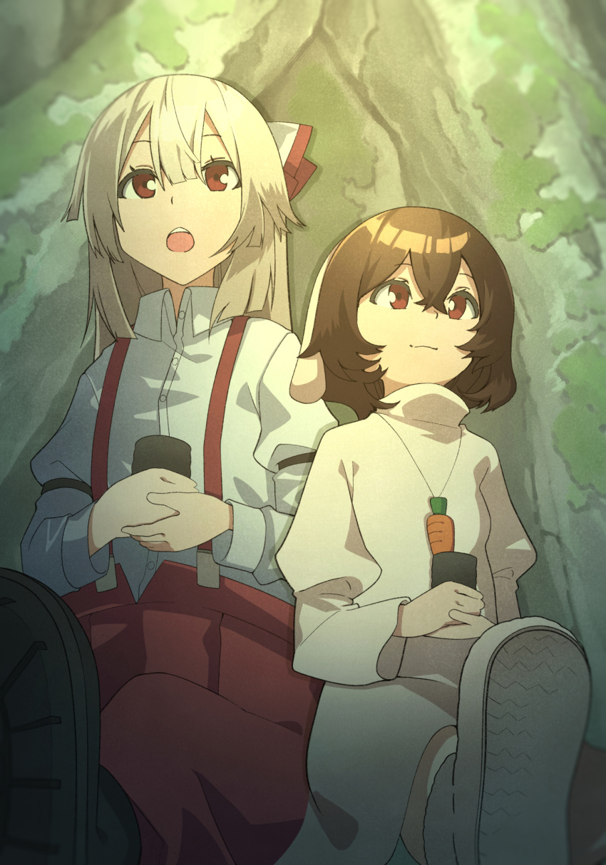 2girls animal_ears armband black_hair boots bow carrot_necklace commentary_request cup dress dress_shirt floppy_ears fujiwara_no_mokou hair_between_eyes hairbow highres inaba_tewi jewelry long_sleeves multiple_girls necklace nurupo_(abooon) open_mouth own_hands_together pants photoshop_(medium) rabbit_ears red_eyes red_pants shirt shoes suspenders teeth touhou upper_teeth_only white_hair white_shirt yunomi