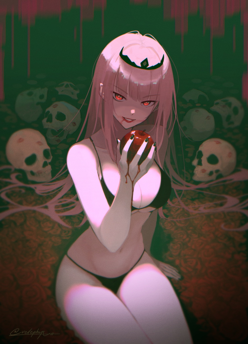 apple arm_support bikini black_bikini black_nails blood blood_on_face blood_on_hands blunt_bangs breasts female flower food fruit hair_over_shoulder hair_spread_out highres holding holding_food holding_fruit hololive hololive_english large_breasts lipstick lipstick_mark long_hair looking_at_viewer makeup mori_calliope nail_polish pale_skin pink_hair red_eyes red_flower red_lips red_rose rose sidelocks sitting skull solo stomach straight_hair swimsuit thighs tiara velephyr very_long_hair virtual_youtuber