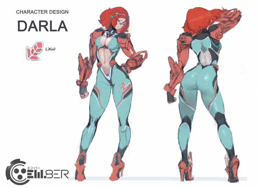 armor ass back_cutout bodysuit breasts center_opening character_name character_profile cleavage clothing_cutout commentary covered_nipples cutesexyrobutts darla_(em8er) em8er english_commentary female fingerless_gloves full_body gloves hand_on_own_hip headgear high_heels large_breasts light_smile logo long_legs multiple_views narrow_waist navel red_hair shoulder_armor skin_tight standing tall tall_female thick_thighs thighs