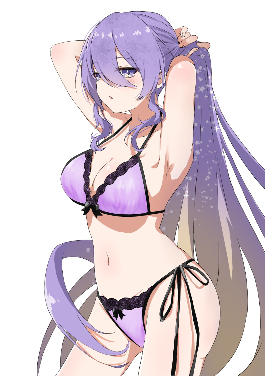 absurdres armpits blonde_hair bra breasts commentary female gradient_hair highres hololive hololive_indonesia large_breasts long_hair midoku_(itijikusakura) moona_hoshinova multicolored_hair navel panties ponytail purple_bra purple_eyes purple_hair purple_panties side-tie_panties solo star_(symbol) starry_hair tying_hair underwear underwear_only very_long_hair virtual_youtuber white_background