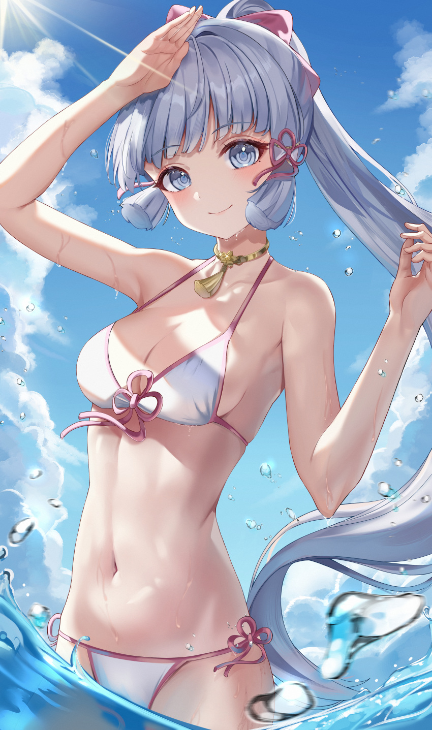 absurdres alternate_costume arm_up armpits bare_arms bare_shoulders bikini blue_eyes blue_sky blunt_tresses blush breasts choker cleavage closed_mouth cloud day female flower_knot front-tie_bikini_top front-tie_top genshin_impact grey_hair hair_ribbon halterneck hand_up high_ponytail highres kamisato_ayaka linea_alba lnji_(rnlwls34) long_hair looking_at_viewer medium_breasts mole mole_under_eye navel neck_tassel outdoors ponytail ribbon side-tie_bikini_bottom sky smile solo stomach string_bikini summer sunlight swimsuit tress_ribbon very_long_hair wading water wet white_bikini