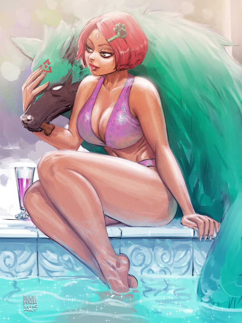 arrow_(symbol) bare_legs barefoot bikini breasts cleavage cup dark-skinned_female dark_skin dog_biscuit drinking_glass feet female floral_print giovanna_(guilty_gear) green_fur guilty_gear guilty_gear_strive hair_ornament hairclip highres large_breasts legs pet_food pink_bikini pool poolside randallmakart recycling_symbol red_hair rei_(guilty_gear) short_hair soaking_feet swimsuit wine_glass wolf