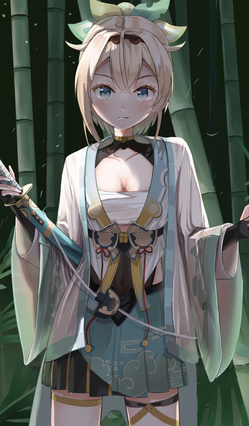 absurdres asakura_(asa_t77) bamboo black_gloves black_skirt blonde_hair blue_eyes blush breasts chest_sarashi cleavage covered_navel cowboy_shot female fingerless_gloves gloves hair_between_eyes hairband haori highres hololive japanese_clothes katana kazama_iroha kazama_iroha_(1st_costume) looking_at_viewer miniskirt obi pleated_skirt ponytail samurai sarashi sash see-through short_hair shrug_(clothing) skirt solo sword thigh_strap virtual_youtuber weapon wide_sleeves