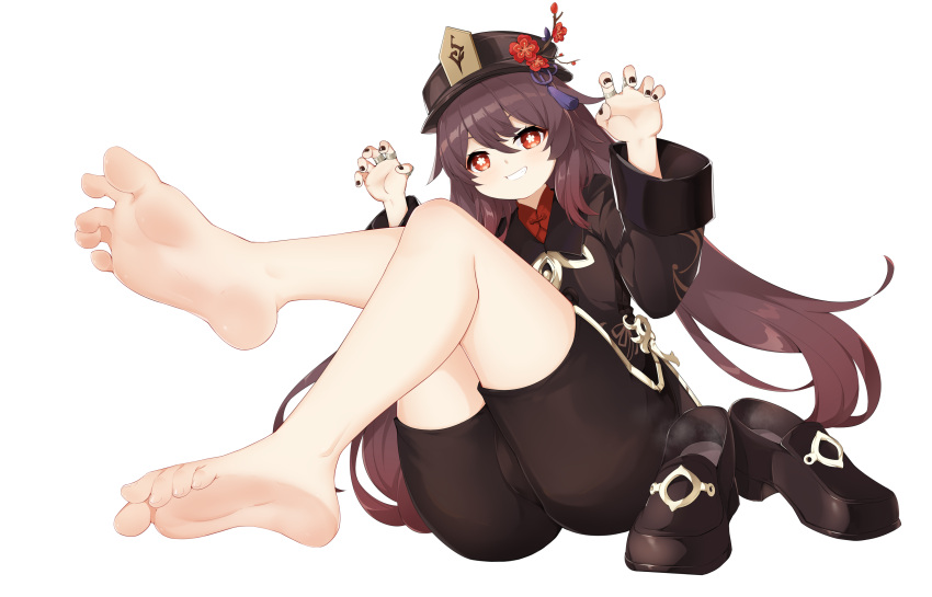 absurdres barefoot black_nails brown_hair chashuwu claw_pose coat feet female flower flower-shaped_pupils foot_focus foreshortening genshin_impact grin hands_up hat hat_flower highres hu_tao_(genshin_impact) jewelry long_hair long_sleeves multiple_rings open_mouth porkpie_hat red_eyes red_flower ring shoes short_shorts shorts smile soles solo symbol-shaped_pupils tassel toes unworn_shoes white_background