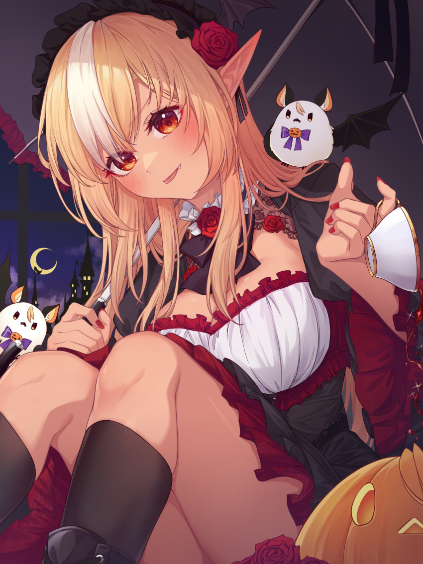 :p absurdres alternate_costume alternate_hairstyle bad_id bad_pixiv_id black_bow black_bowtie black_dress black_socks blonde_hair blush bow bowtie breasts cleavage cleavage_cutout clothing_cutout commentary cup dark-skinned_female dark_skin dress elf elfriend_(shiranui_flare) english_commentary female flower gothic_lolita hair_flower hair_ornament hairband halloween highres holding holding_cup hololive hood hood_up large_breasts lolita_fashion lolita_hairband long_hair looking_at_viewer multicolored_hair oerba_yun_fang orange_eyes pointy_ears red_flower red_rose rose shiranui_flare sidelocks smile socks solo spilling streaked_hair tang-du teacup tongue tongue_out v-shaped_eyebrows virtual_youtuber