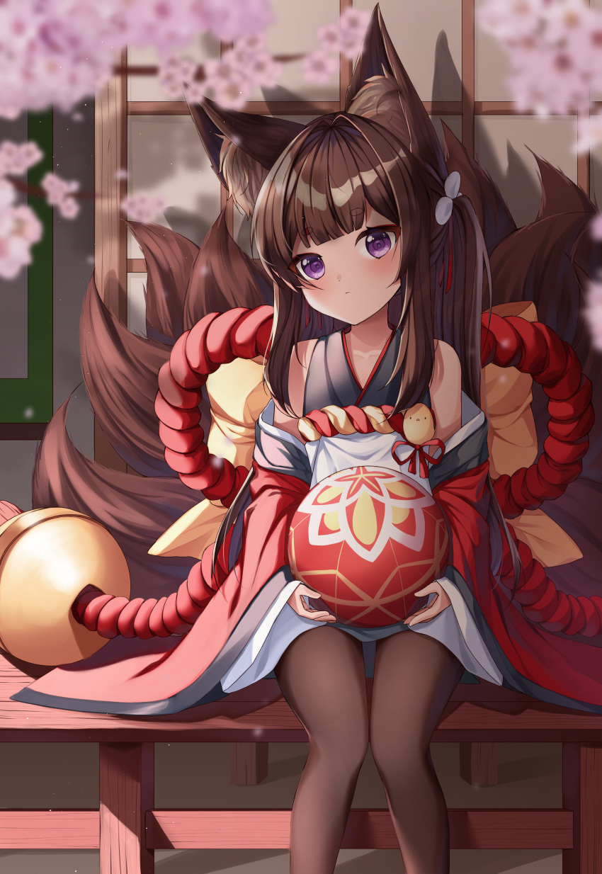 absurdres amagi-chan_(azur_lane) animal_ears azur_lane ball black_hair black_pantyhose blunt_bangs blurry cherry_blossoms collarbone commentary_request depth_of_field detached_sleeves female fox_ears fox_girl fox_tail hair_ribbon hareriya head_tilt highres holding holding_ball japanese_clothes kimono kitsune kyuubi long_hair looking_at_viewer manjuu_(azur_lane) multiple_tails pantyhose purple_eyes ribbon rope shimenawa shouji sidelocks sitting sliding_doors solo tail thick_eyebrows twintails wide_sleeves wooden_floor