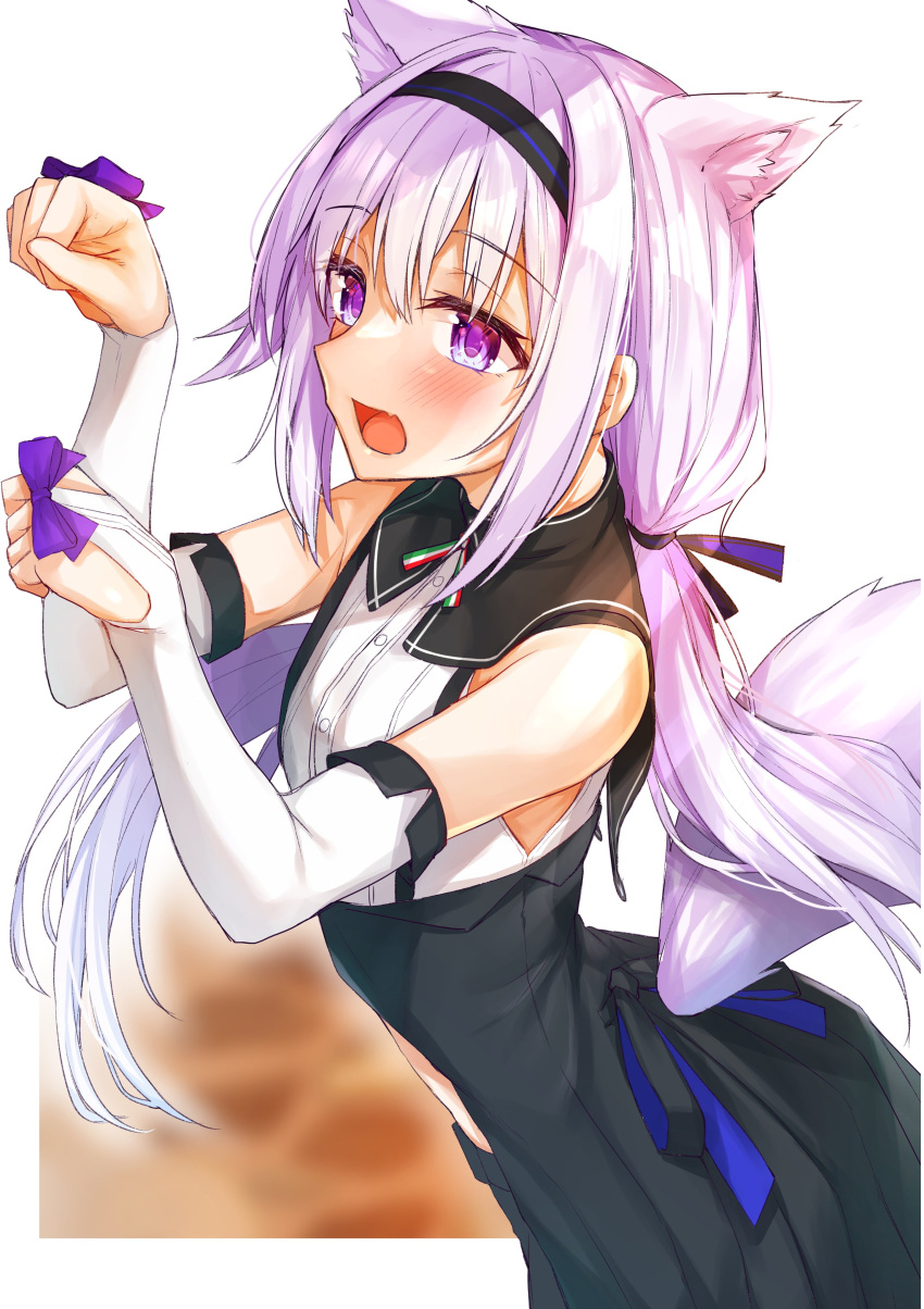 .live absurdres alternate_costume alternate_hairstyle animal_ears breasts carro_pino cat_ears cat_tail chausson commentary detached_sleeves female headband highres long_hair looking_at_viewer low_twintails paw_pose purple_eyes purple_hair simple_background small_breasts tail twintails virtual_youtuber white_background