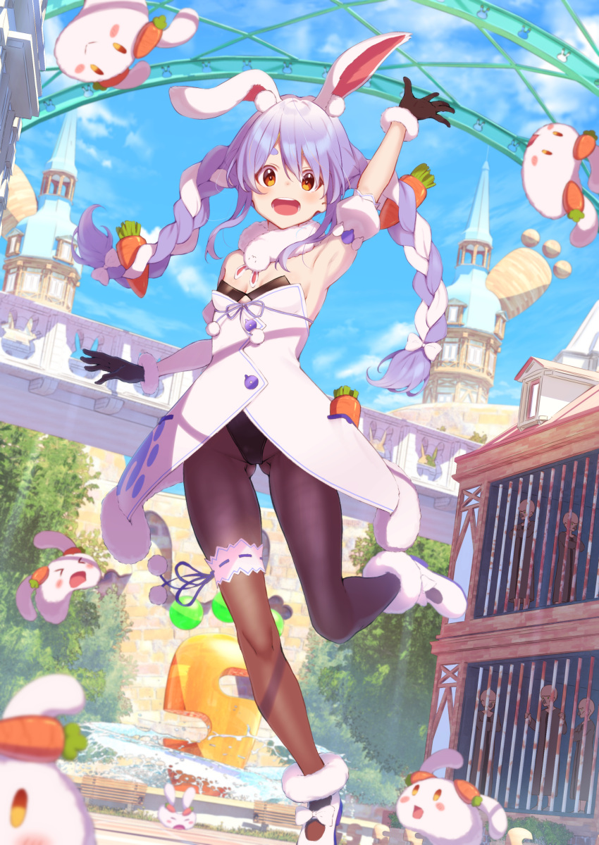 absurdres akausuko animal_ears arm_up armpits black_gloves black_pantyhose blue_hair blue_sky braid breasts bridal_garter brown_eyes carrot cleavage cloud commentary_request day don-chan_(usada_pekora) female gloves highres hololive jumping long_hair looking_at_viewer multicolored_hair open_mouth outdoors pantyhose rabbit-shaped_pupils rabbit_ears sky small_breasts smile solo symbol-shaped_pupils twin_braids two-tone_hair usada_pekora usada_pekora_(1st_costume) virtual_youtuber white_hair